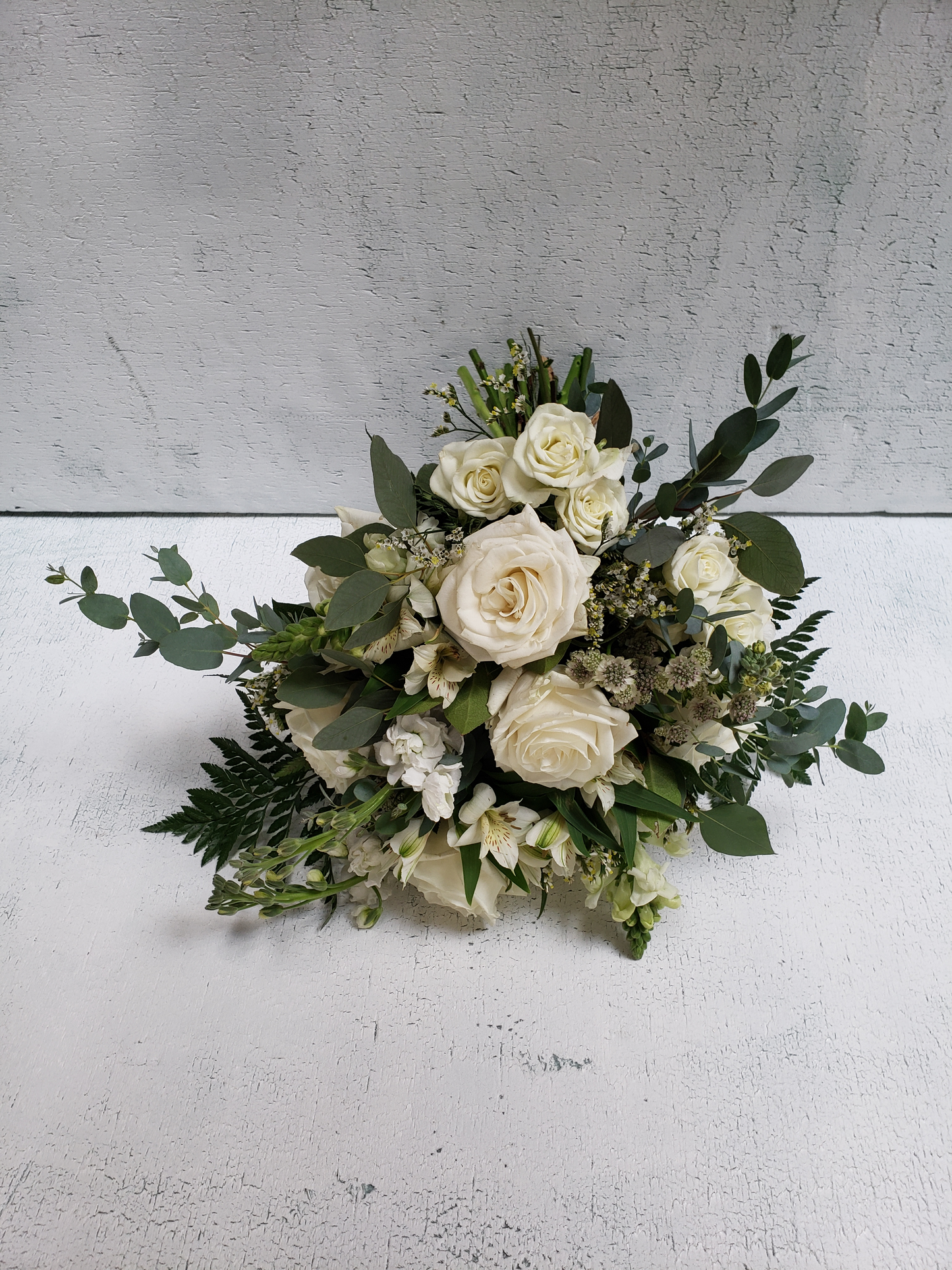 White, Cream & Mixed Greenery Bridesmaid Bouquet