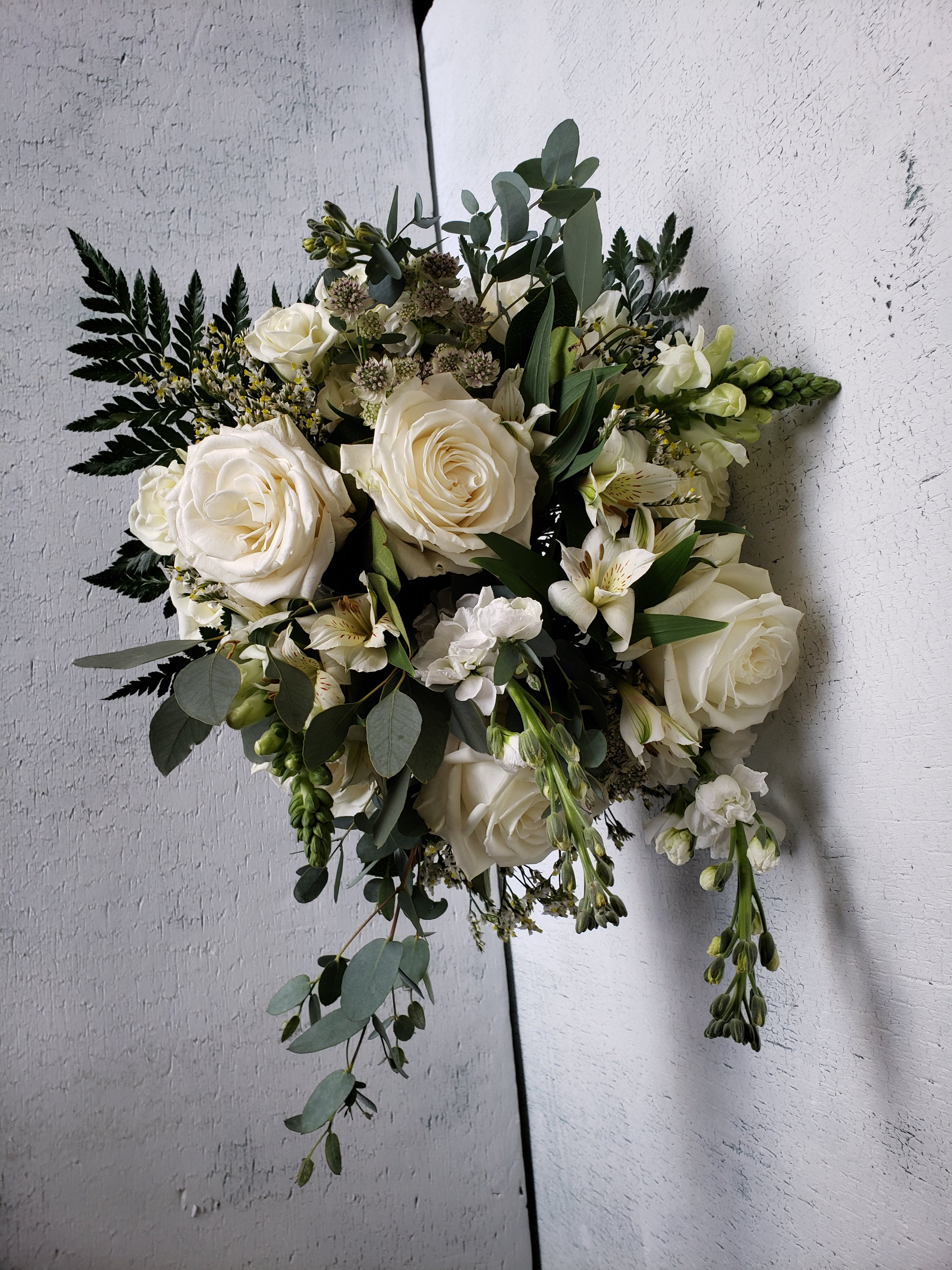 White, Cream and Mixed Greenery Bridal Bouquet