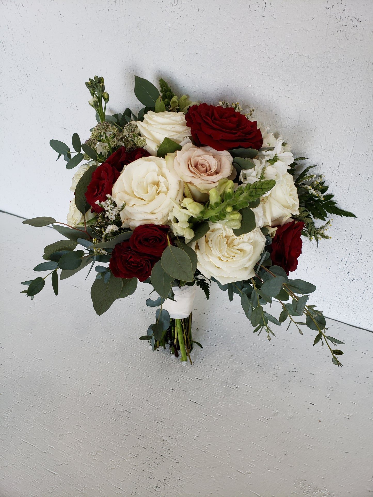 Burgundy, Blush, Cream & Mixed Greenery Bridal Bouquet