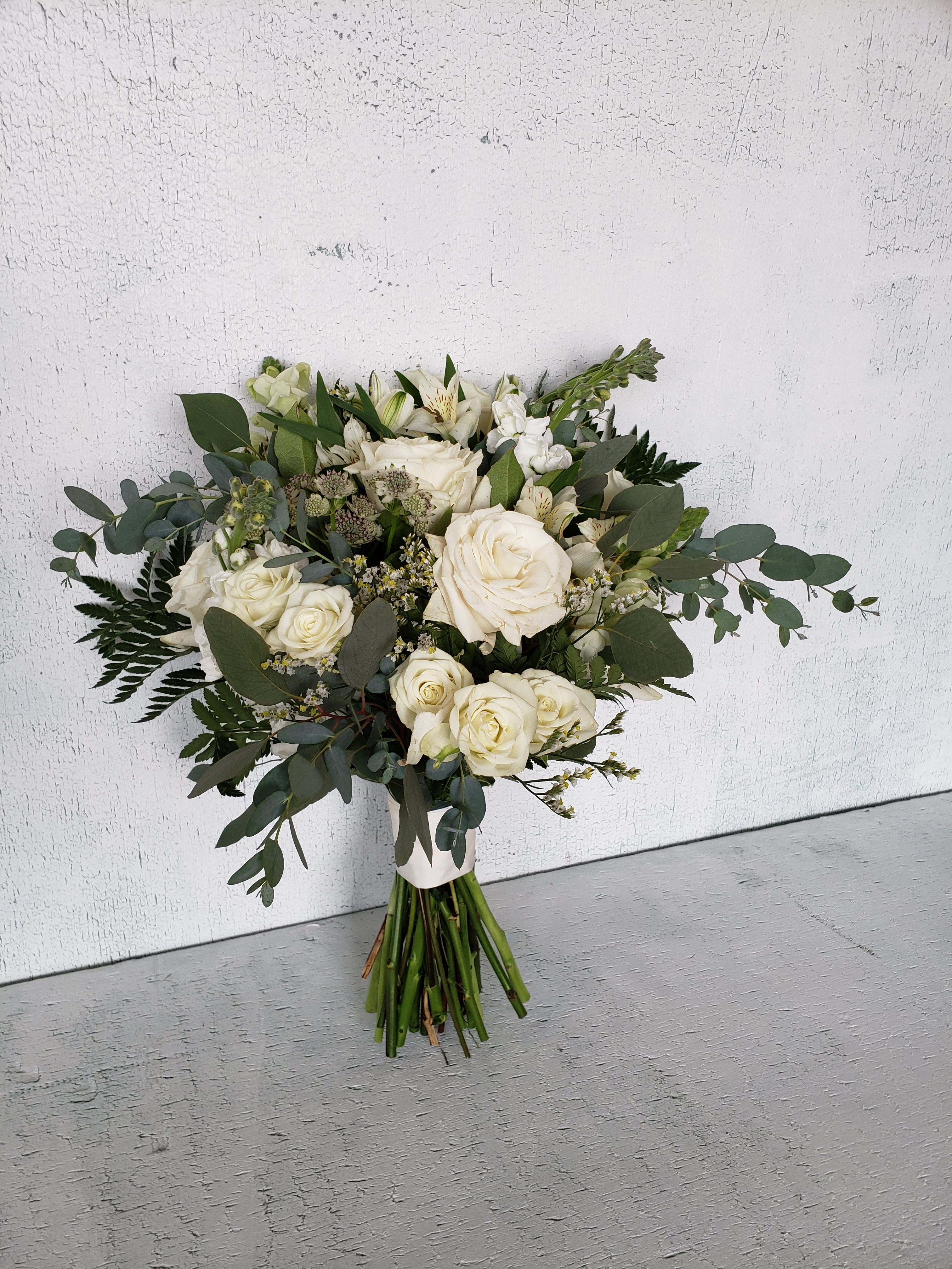 White, Cream & Mixed Greenery Bridesmaid Bouquet