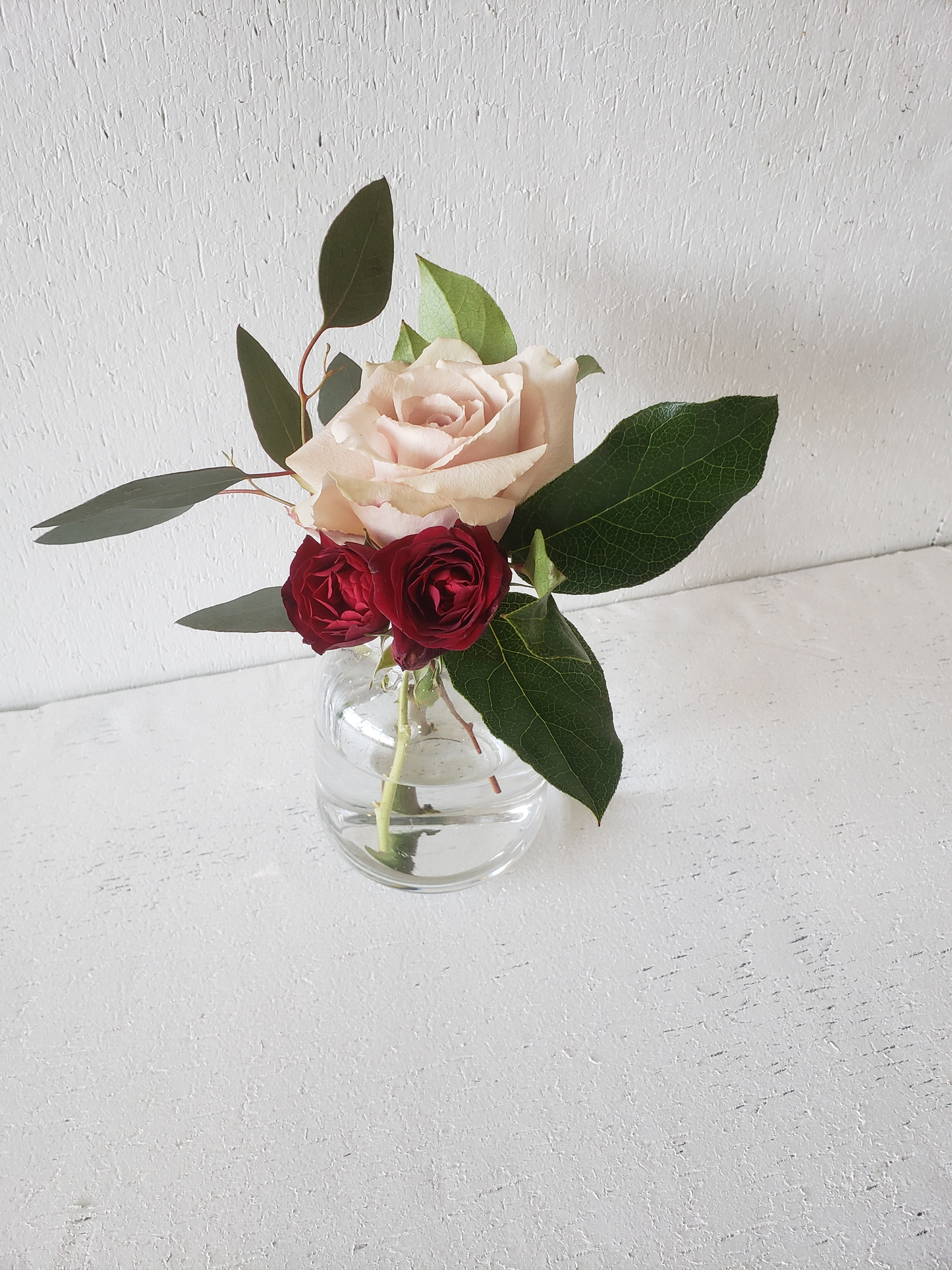 Clear Glass Bud Vase with Burgundy and Blush Blooms